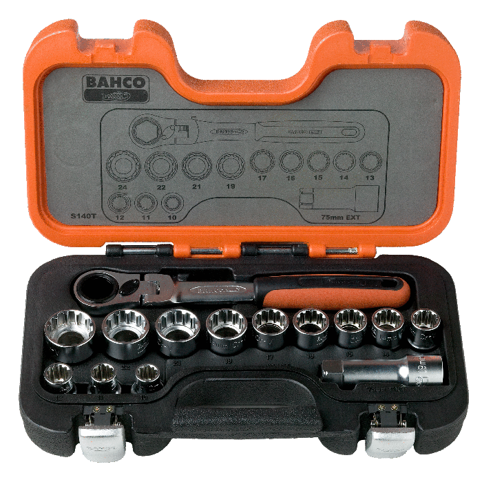 Bahco S140T Doorsteekdoppenset met scharnierende ratel - 14-delig