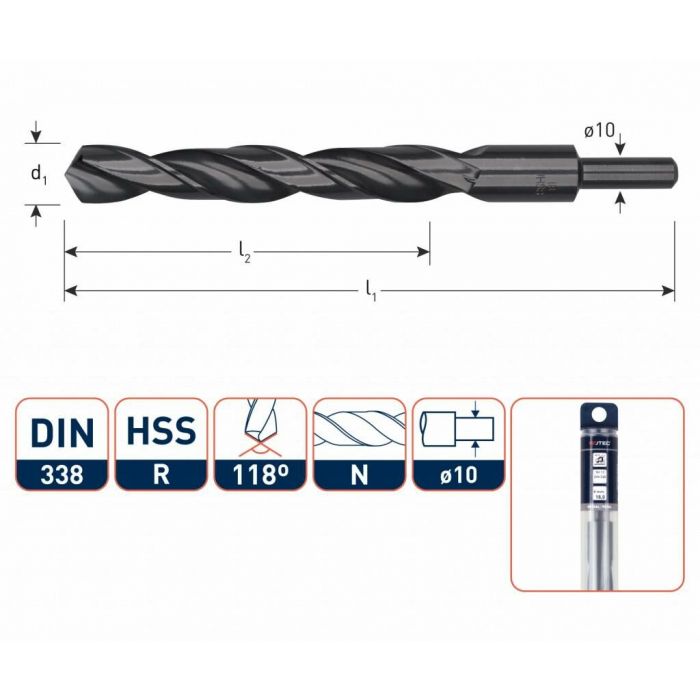 Rotec Metaalboor - spiraalboor HSS-R ø10 mm afgedraaid silver-line - Ø13,5 t/m Ø20 mm