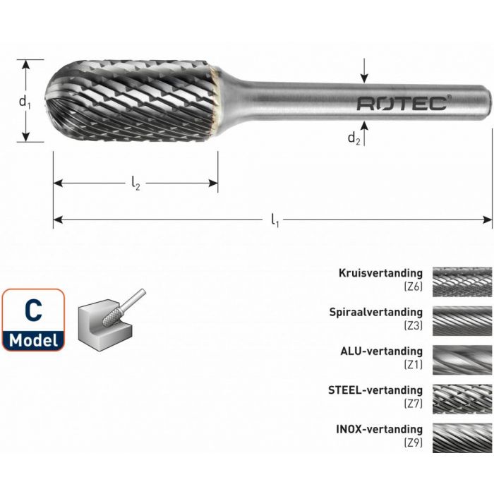 Rotec HM Stiftfrees cilindervorm ronde kop model C (WRC)