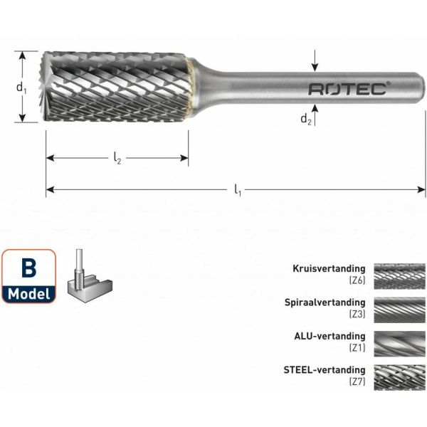 Rotec HM Stiftfrees cilindervorm met kopvertanding model B (ZYA-S)